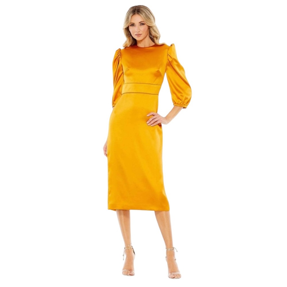 NWT Ieena for MacDuggal 26927 High Neckline Tea Length Dress in Marigold